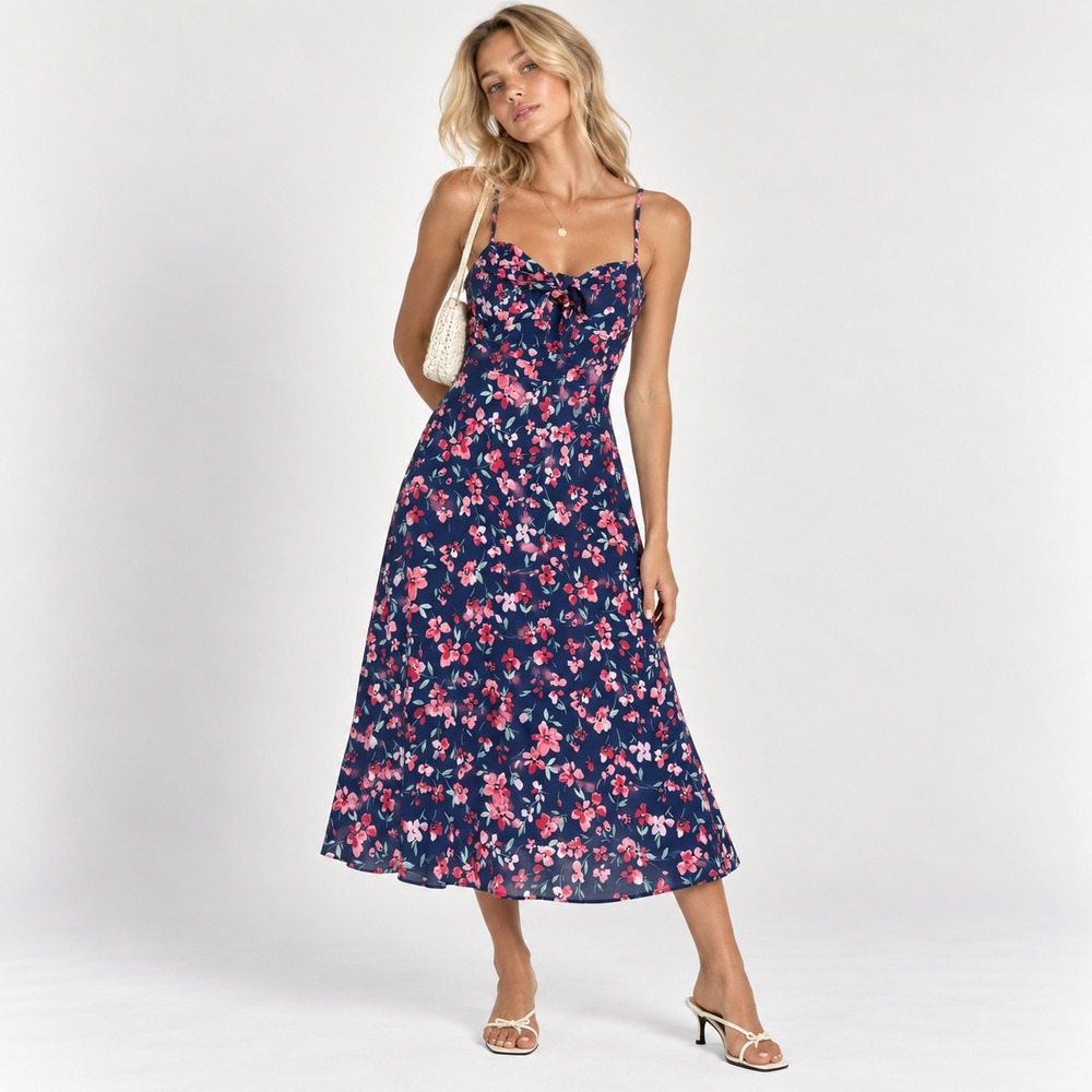 Eliza J Tie Front Smocked Back Women's Midi Dress Cottagecore Blue Floral Size 4